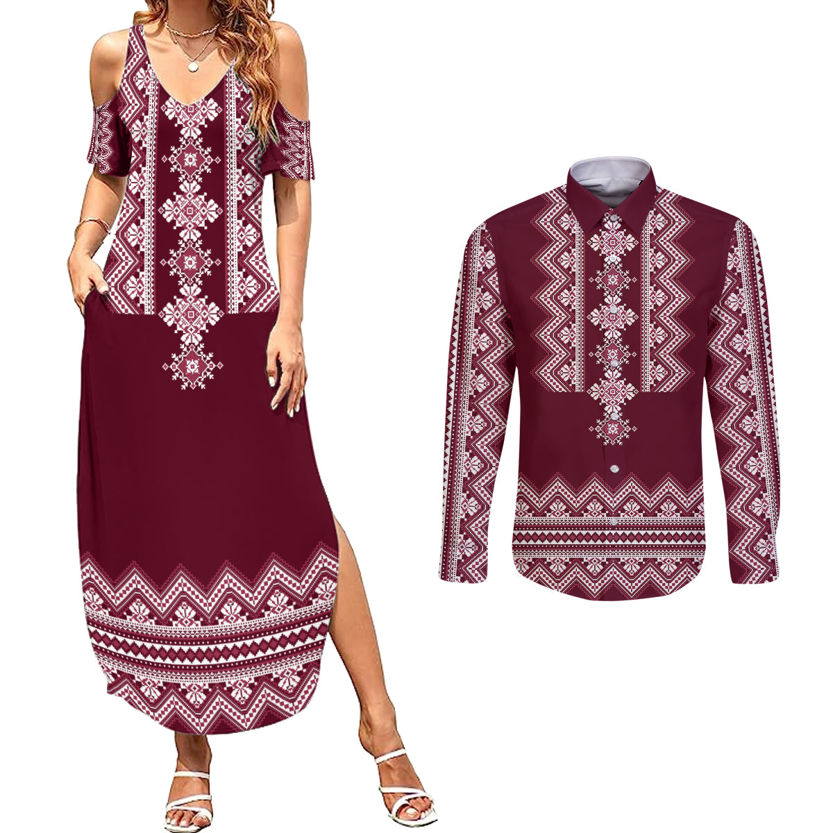 ukraine-folk-pattern-couples-matching-summer-maxi-dress-and-long-sleeve-button-shirt-ukrainian-wine-red-version