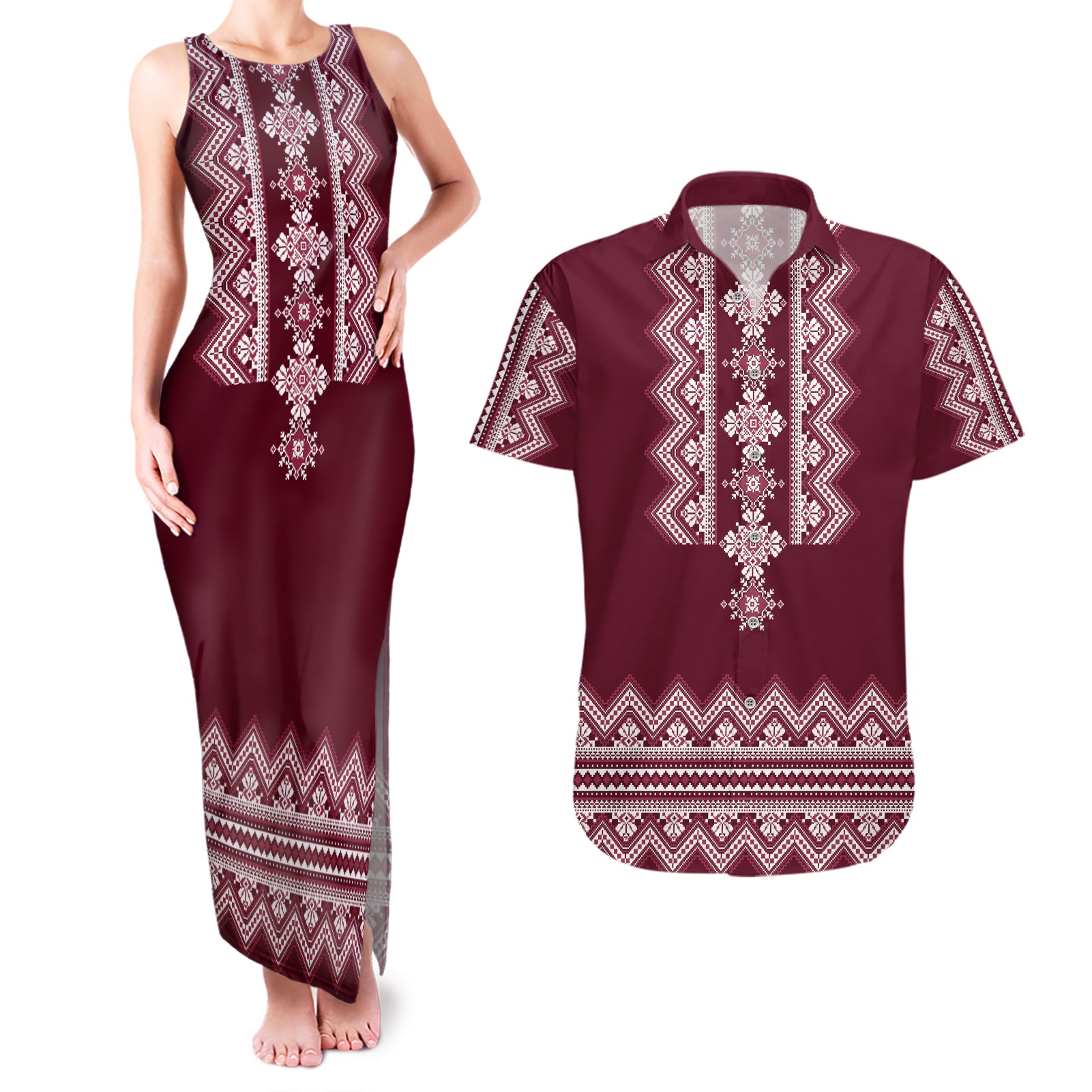 ukraine-folk-pattern-couples-matching-tank-maxi-dress-and-hawaiian-shirt-ukrainian-wine-red-version