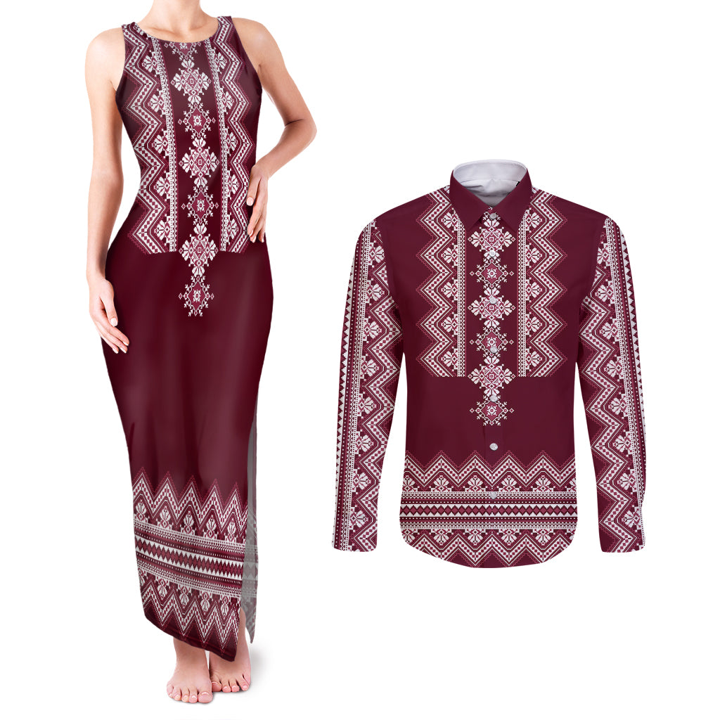 ukraine-folk-pattern-couples-matching-tank-maxi-dress-and-long-sleeve-button-shirt-ukrainian-wine-red-version