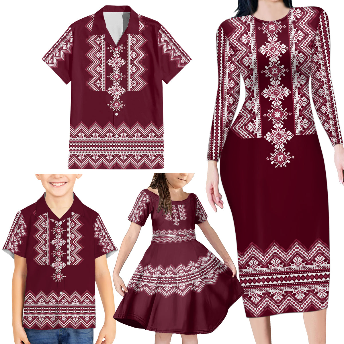 ukraine-folk-pattern-family-matching-long-sleeve-bodycon-dress-and-hawaiian-shirt-ukrainian-wine-red-version