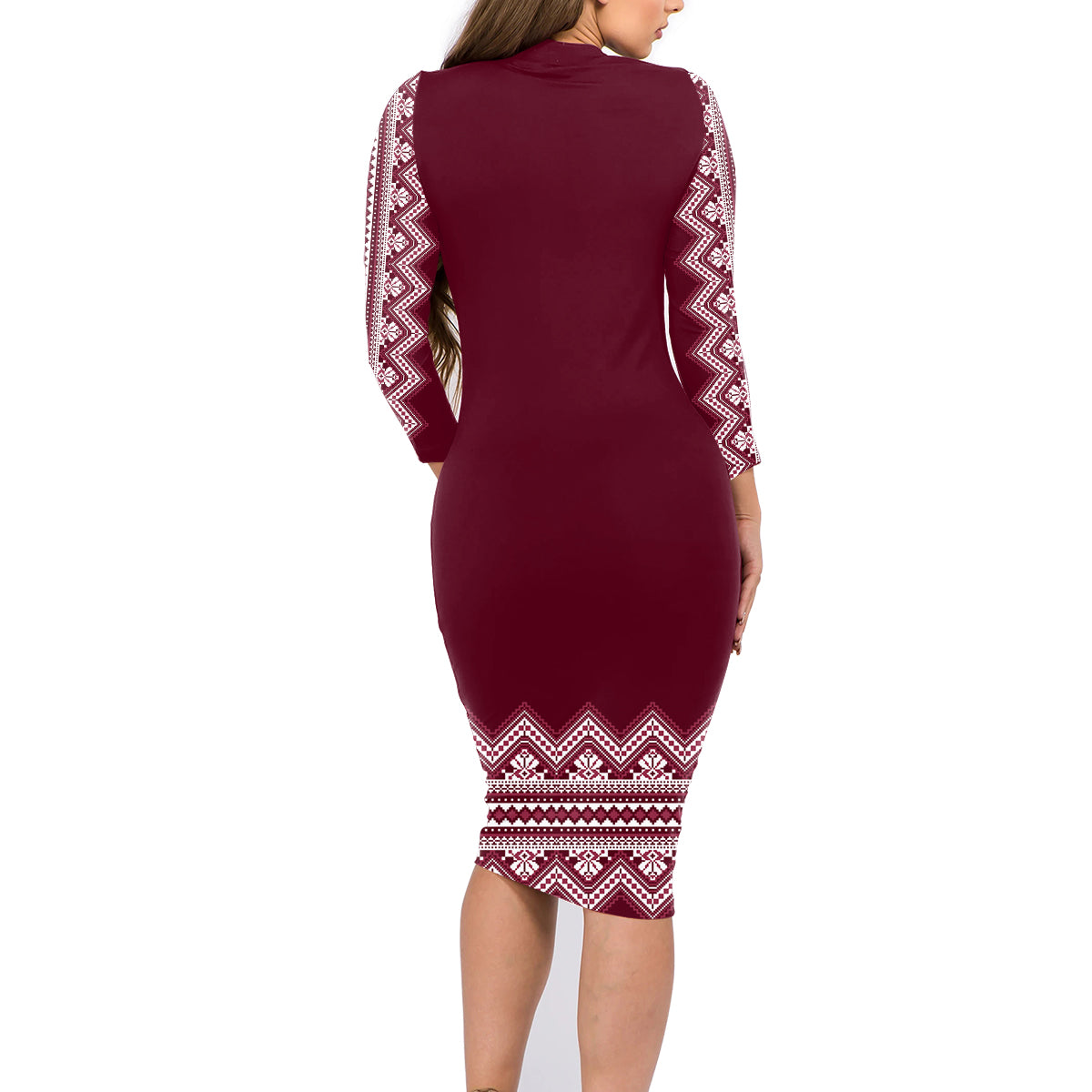 Ukraine Folk Pattern Family Matching Long Sleeve Bodycon Dress and Hawaiian Shirt Ukrainian Wine Red Version - Wonder Print Shop