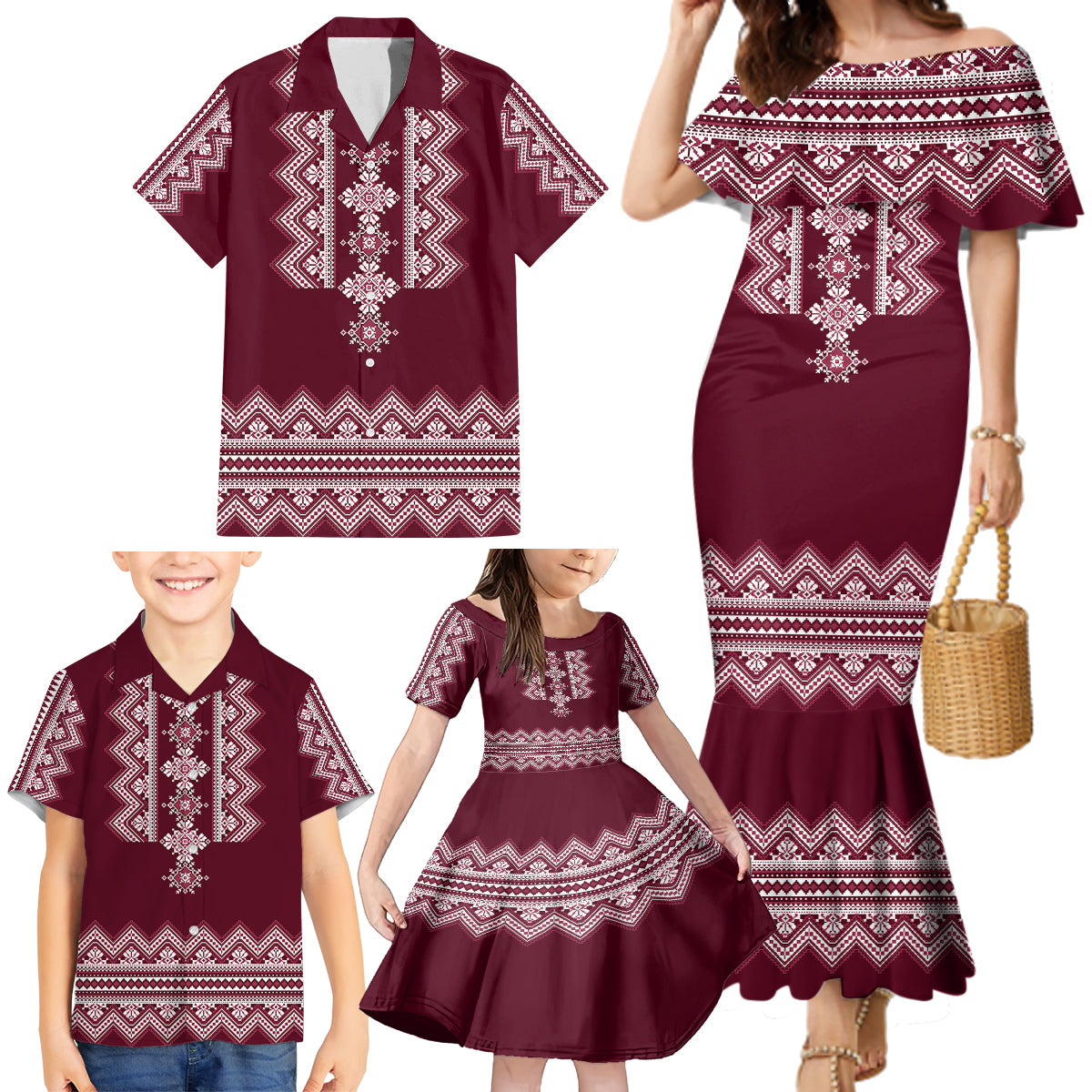 ukraine-folk-pattern-family-matching-mermaid-dress-and-hawaiian-shirt-ukrainian-wine-red-version