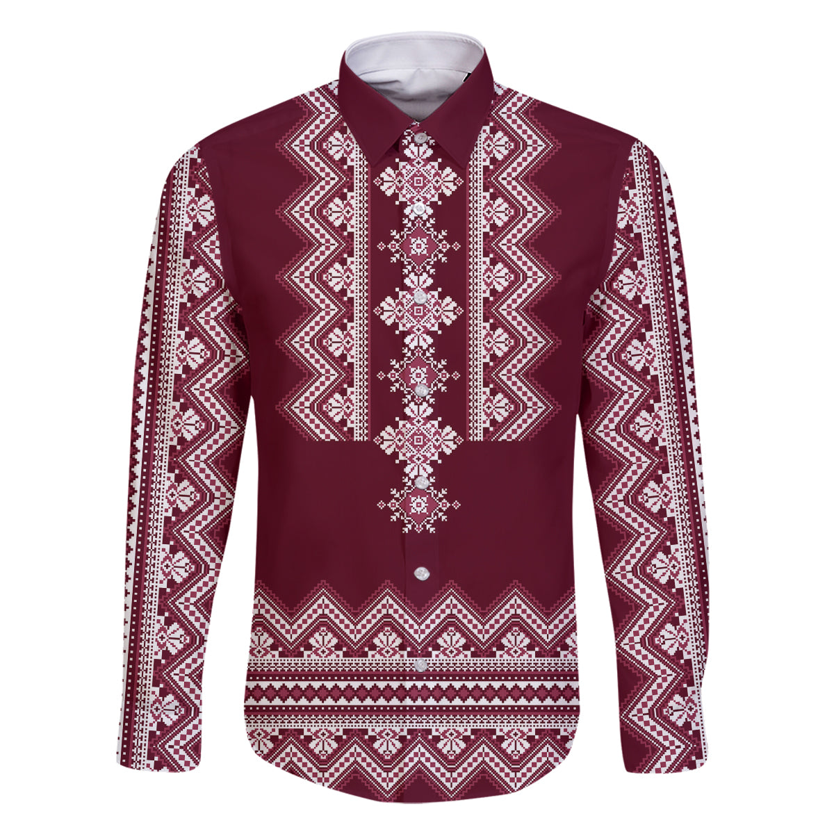 Ukraine Folk Pattern Family Matching Mermaid Dress and Hawaiian Shirt Ukrainian Wine Red Version - Wonder Print Shop