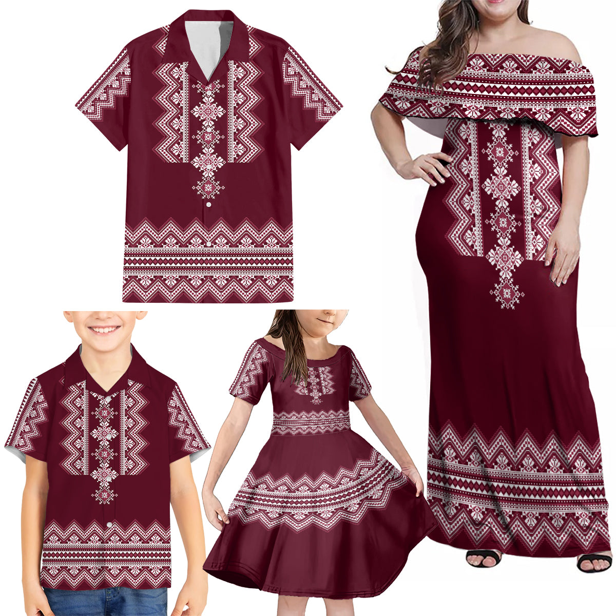 Ukraine Folk Pattern Family Matching Off Shoulder Maxi Dress and Hawaiian Shirt Ukrainian Wine Red Version - Wonder Print Shop