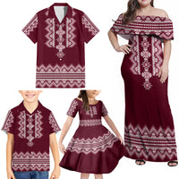 Ukraine Folk Pattern Family Matching Off Shoulder Maxi Dress and Hawaiian Shirt Ukrainian Wine Red Version - Wonder Print Shop