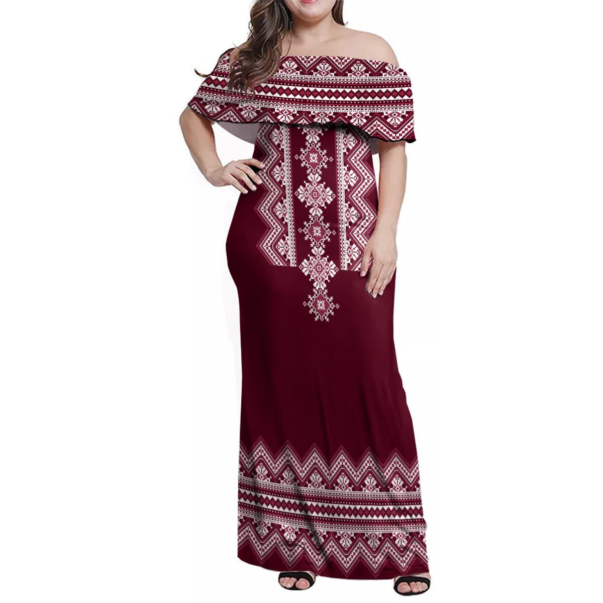 Ukraine Folk Pattern Family Matching Off Shoulder Maxi Dress and Hawaiian Shirt Ukrainian Wine Red Version - Wonder Print Shop