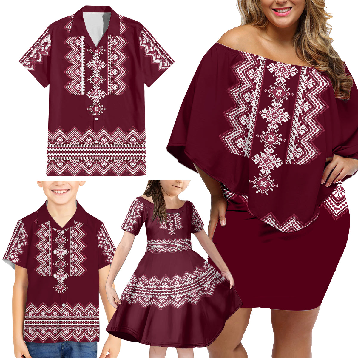 ukraine-folk-pattern-family-matching-off-shoulder-short-dress-and-hawaiian-shirt-ukrainian-wine-red-version