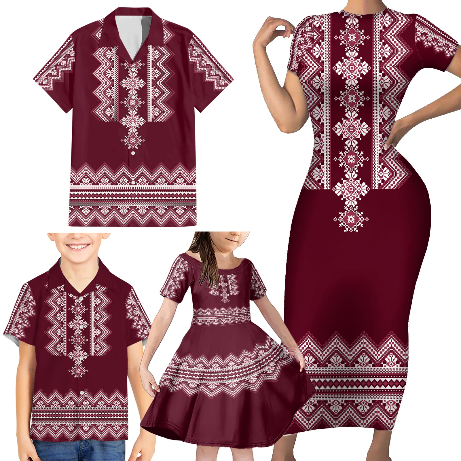 ukraine-folk-pattern-family-matching-short-sleeve-bodycon-dress-and-hawaiian-shirt-ukrainian-wine-red-version