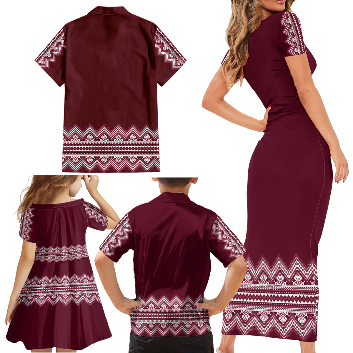 Ukraine Folk Pattern Family Matching Short Sleeve Bodycon Dress and Hawaiian Shirt Ukrainian Wine Red Version - Wonder Print Shop