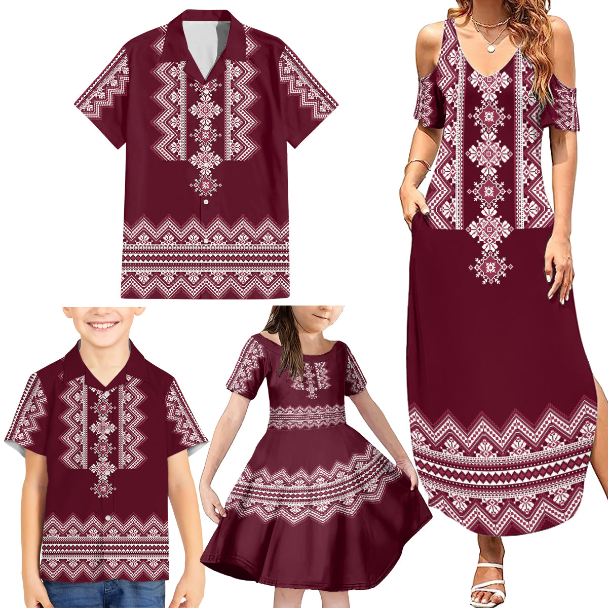 ukraine-folk-pattern-family-matching-summer-maxi-dress-and-hawaiian-shirt-ukrainian-wine-red-version