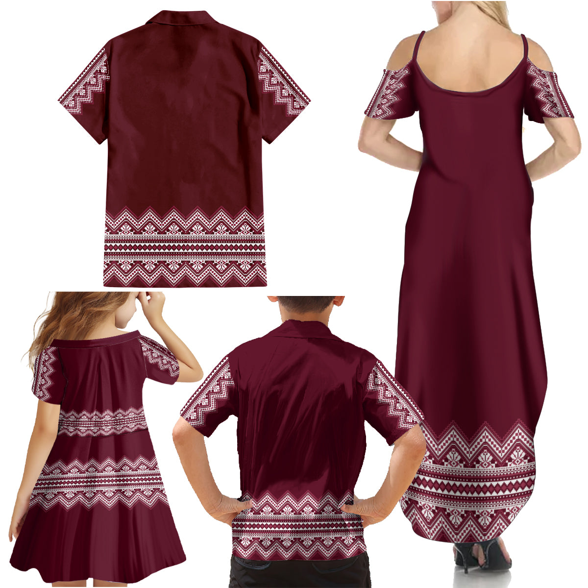Ukraine Folk Pattern Family Matching Summer Maxi Dress and Hawaiian Shirt Ukrainian Wine Red Version - Wonder Print Shop