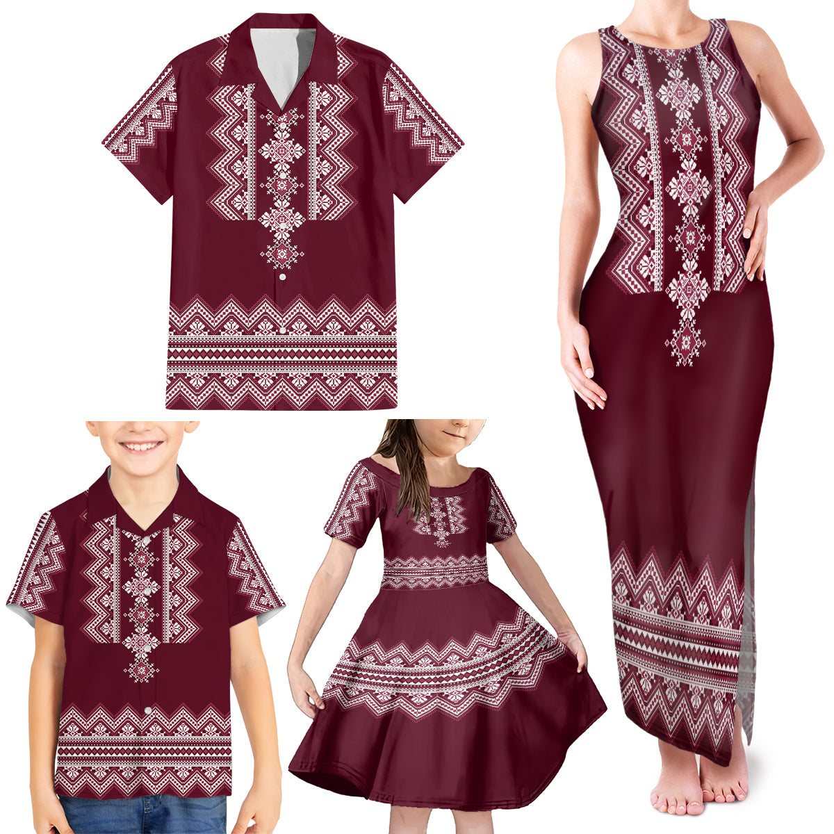 Ukraine Folk Pattern Family Matching Tank Maxi Dress and Hawaiian Shirt Ukrainian Wine Red Version - Wonder Print Shop