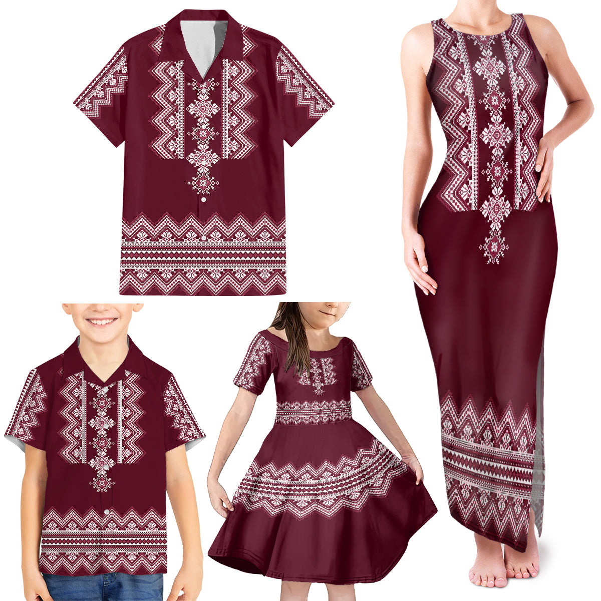 ukraine-folk-pattern-family-matching-tank-maxi-dress-and-hawaiian-shirt-ukrainian-wine-red-version