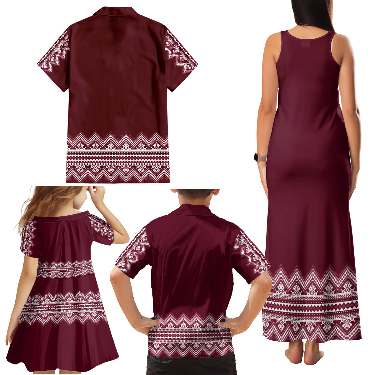 Ukraine Folk Pattern Family Matching Tank Maxi Dress and Hawaiian Shirt Ukrainian Wine Red Version - Wonder Print Shop
