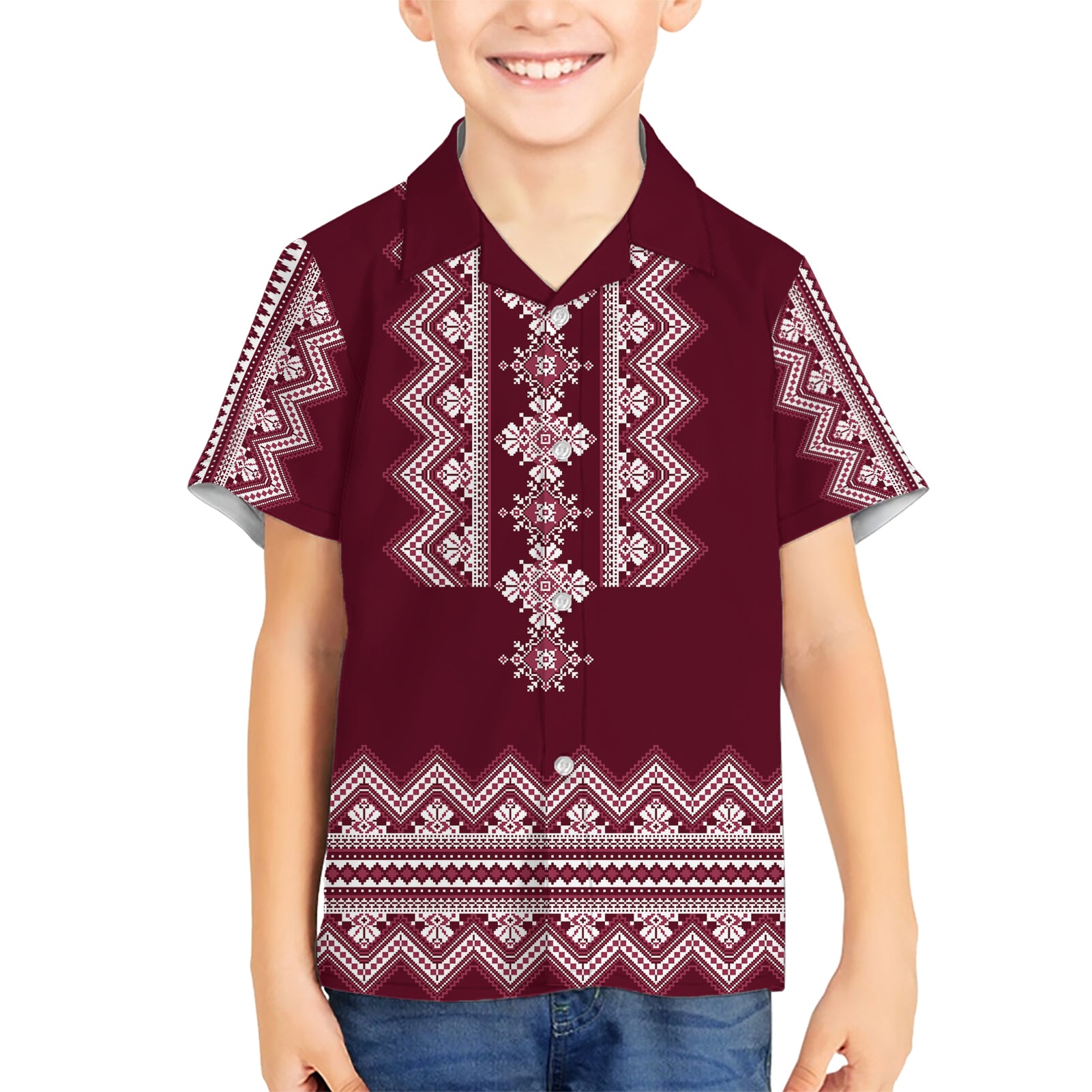 ukraine-folk-pattern-kid-hawaiian-shirt-ukrainian-wine-red-version