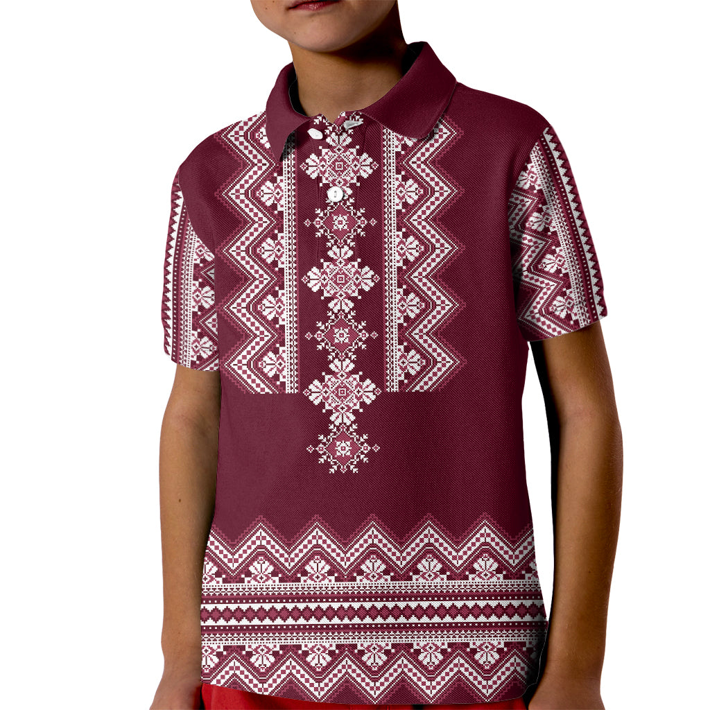 Ukraine Folk Pattern Kid Polo Shirt Ukrainian Wine Red Version - Wonder Print Shop