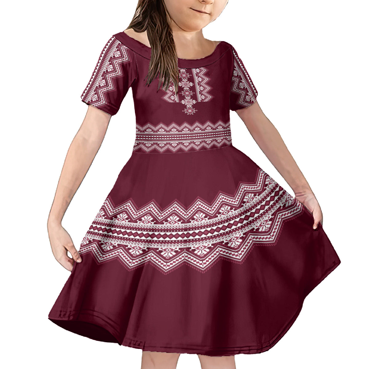 ukraine-folk-pattern-kid-short-sleeve-dress-ukrainian-wine-red-version