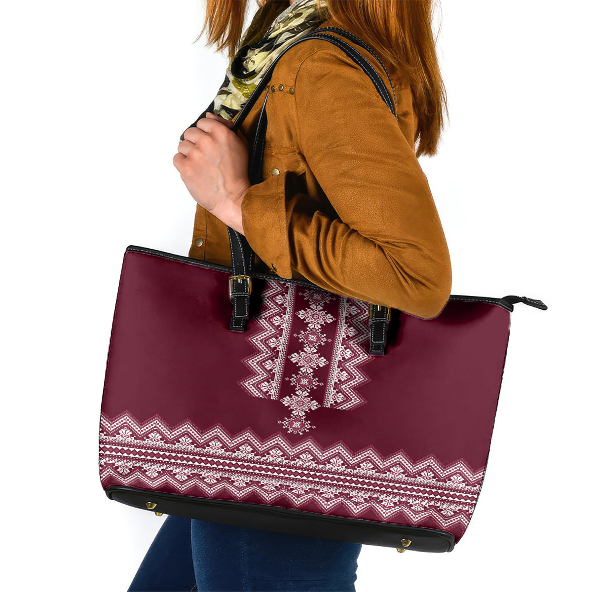 Ukraine Folk Pattern Leather Tote Bag Ukrainian Wine Red Version - Wonder Print Shop