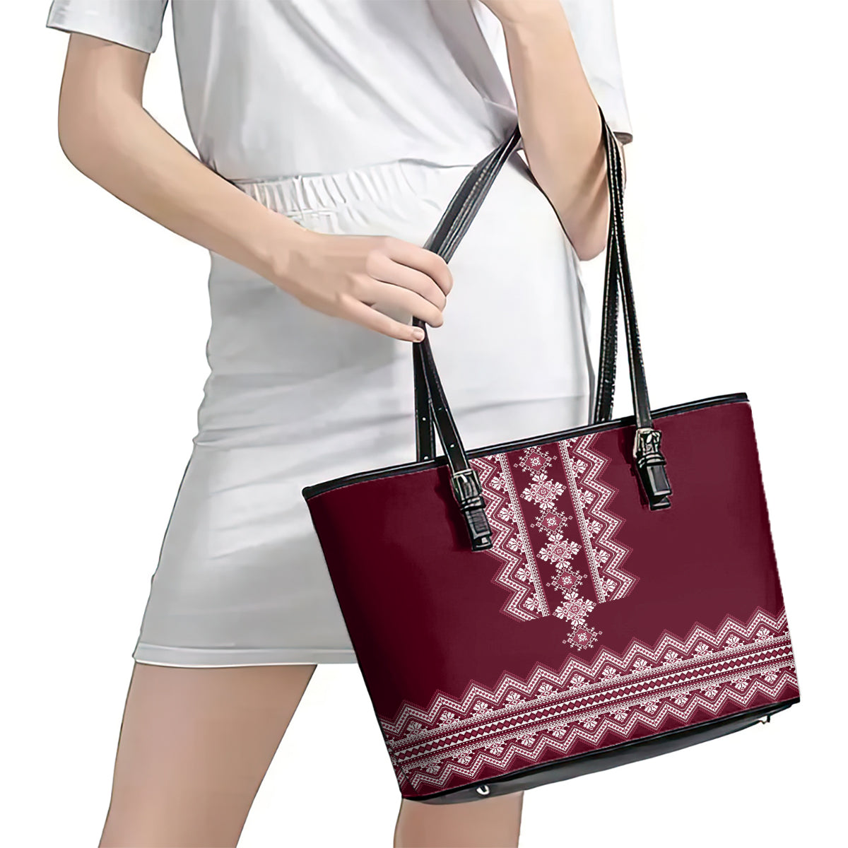 Ukraine Folk Pattern Leather Tote Bag Ukrainian Wine Red Version - Wonder Print Shop