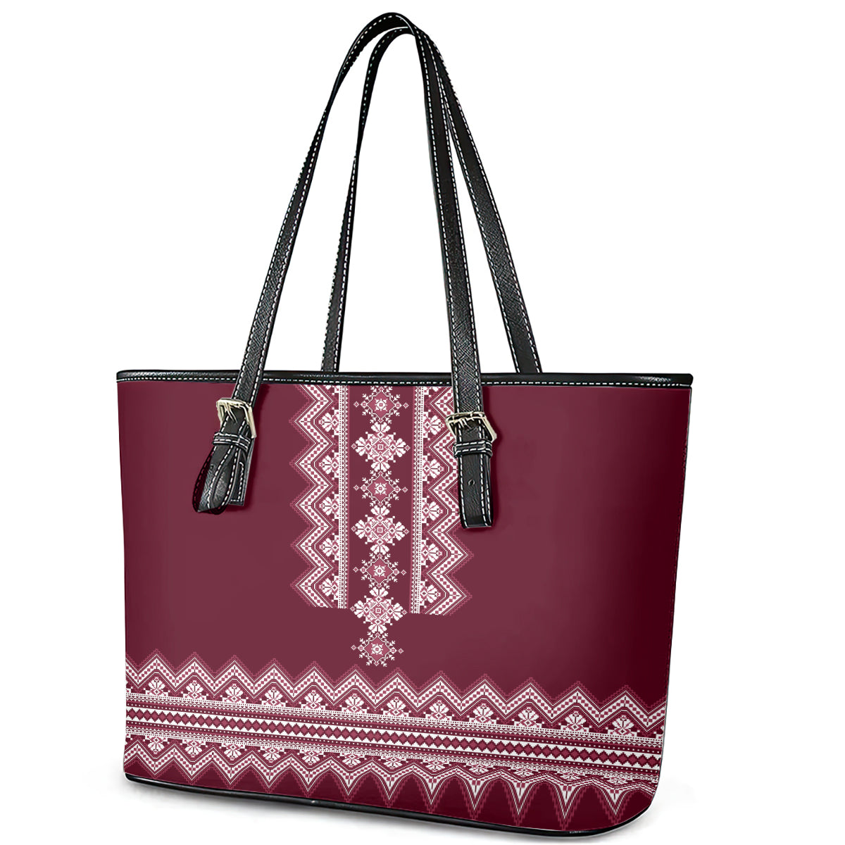 Ukraine Folk Pattern Leather Tote Bag Ukrainian Wine Red Version - Wonder Print Shop