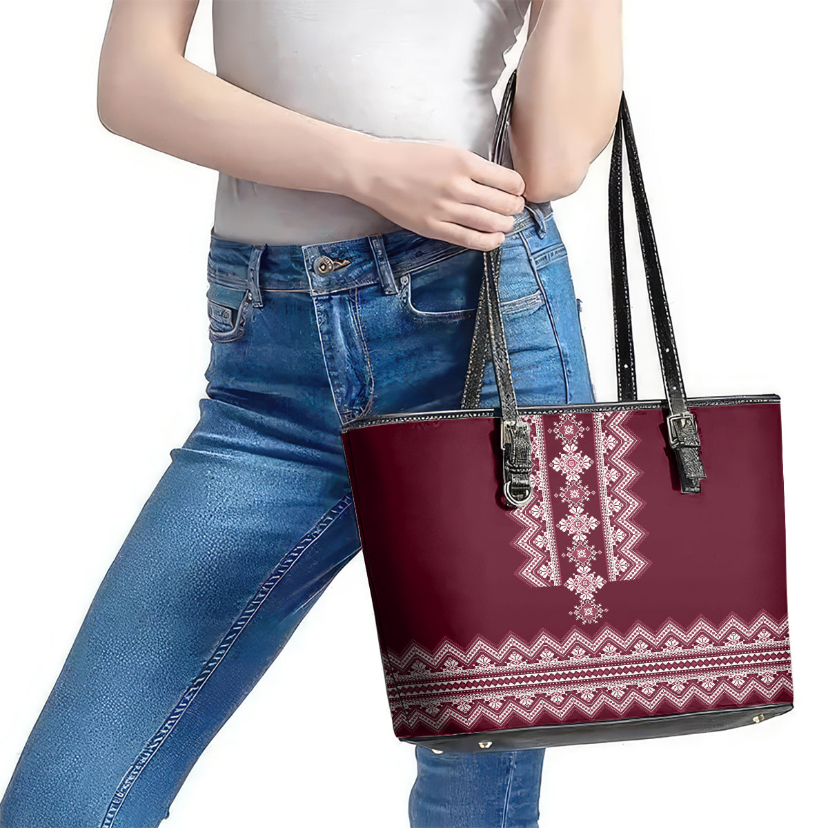 Ukraine Folk Pattern Leather Tote Bag Ukrainian Wine Red Version - Wonder Print Shop