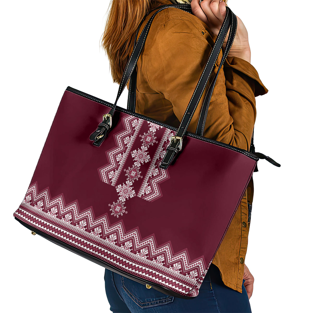 Ukraine Folk Pattern Leather Tote Bag Ukrainian Wine Red Version - Wonder Print Shop