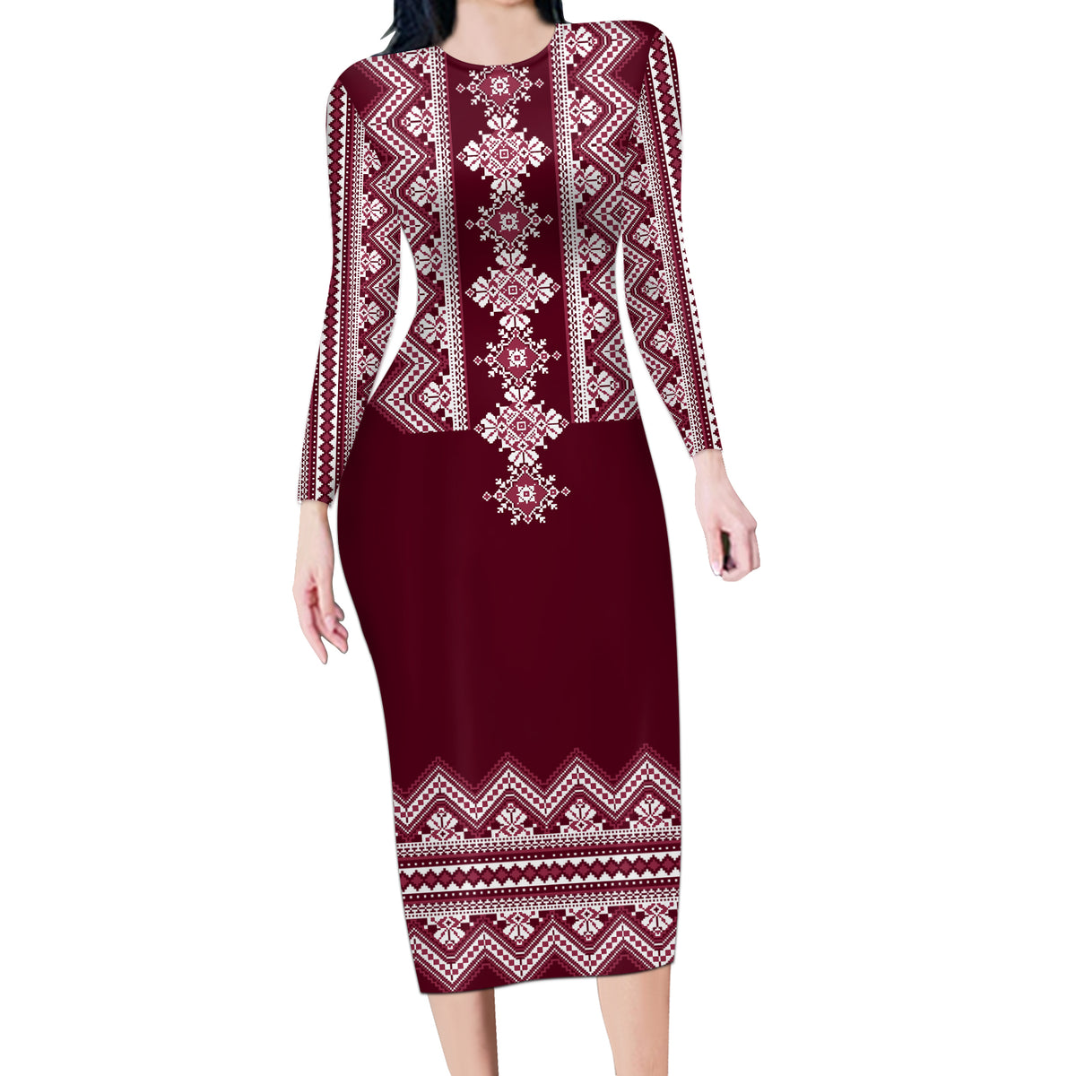 Ukraine Folk Pattern Long Sleeve Bodycon Dress Ukrainian Wine Red Version - Wonder Print Shop