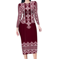 Ukraine Folk Pattern Long Sleeve Bodycon Dress Ukrainian Wine Red Version - Wonder Print Shop