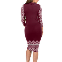 Ukraine Folk Pattern Long Sleeve Bodycon Dress Ukrainian Wine Red Version - Wonder Print Shop