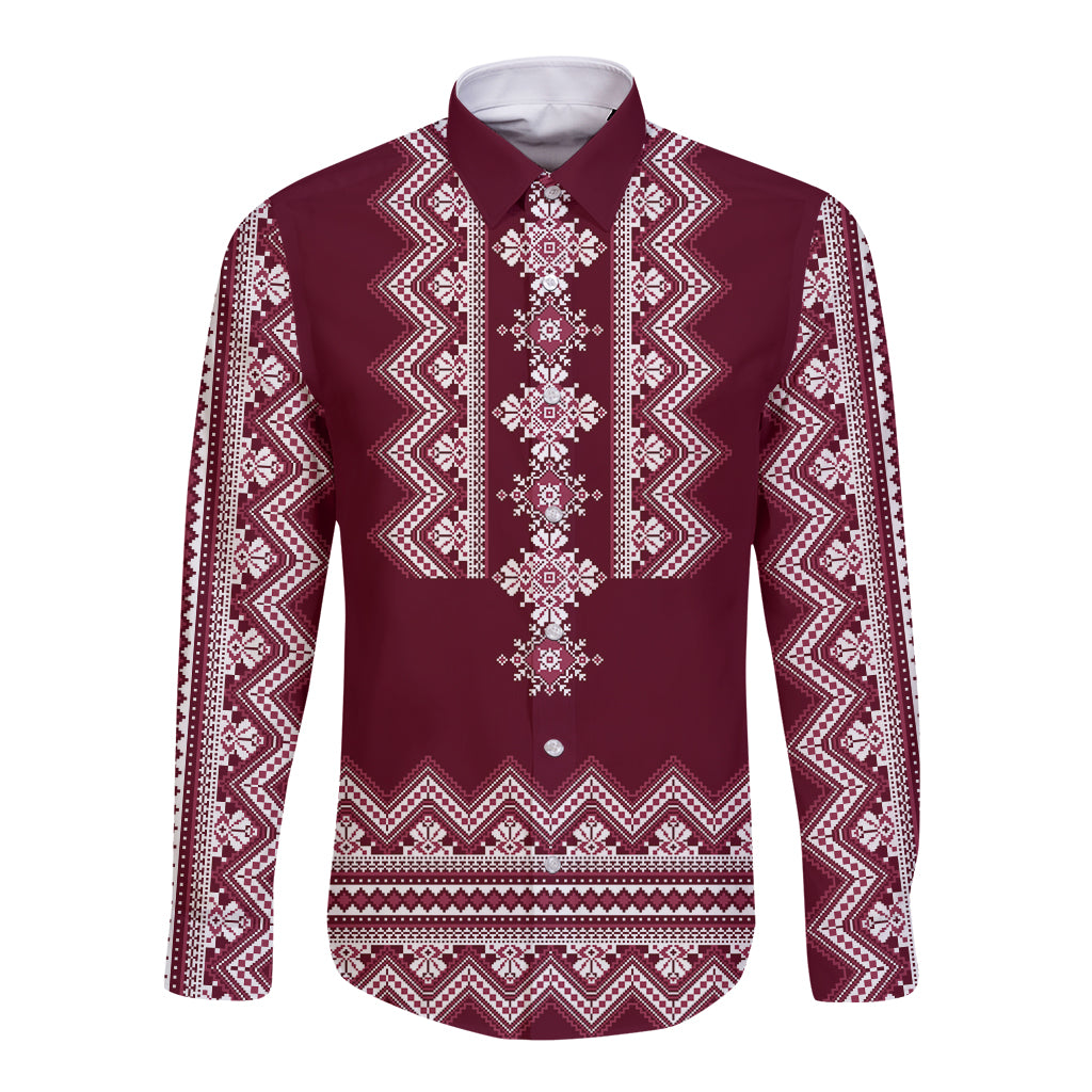 Ukraine Folk Pattern Long Sleeve Button Shirt Ukrainian Wine Red Version - Wonder Print Shop