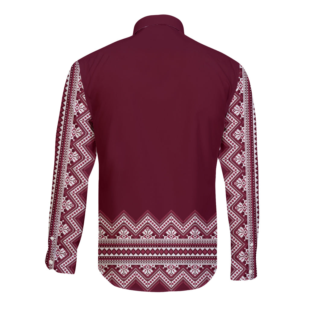 Ukraine Folk Pattern Long Sleeve Button Shirt Ukrainian Wine Red Version - Wonder Print Shop