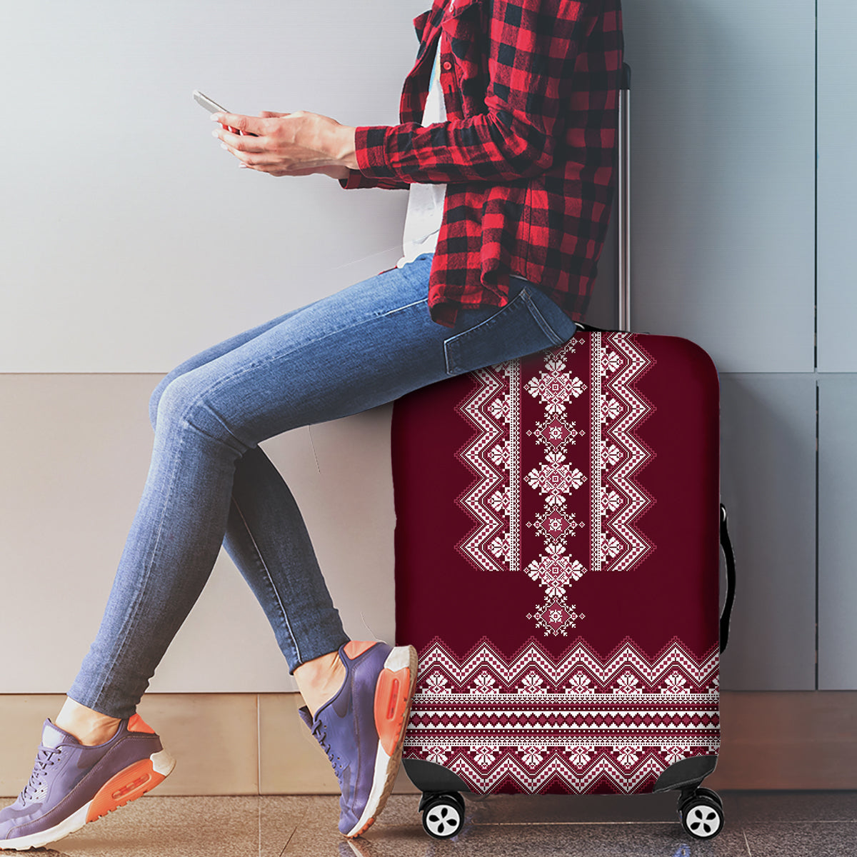 Ukraine Folk Pattern Luggage Cover Ukrainian Wine Red Version - Wonder Print Shop