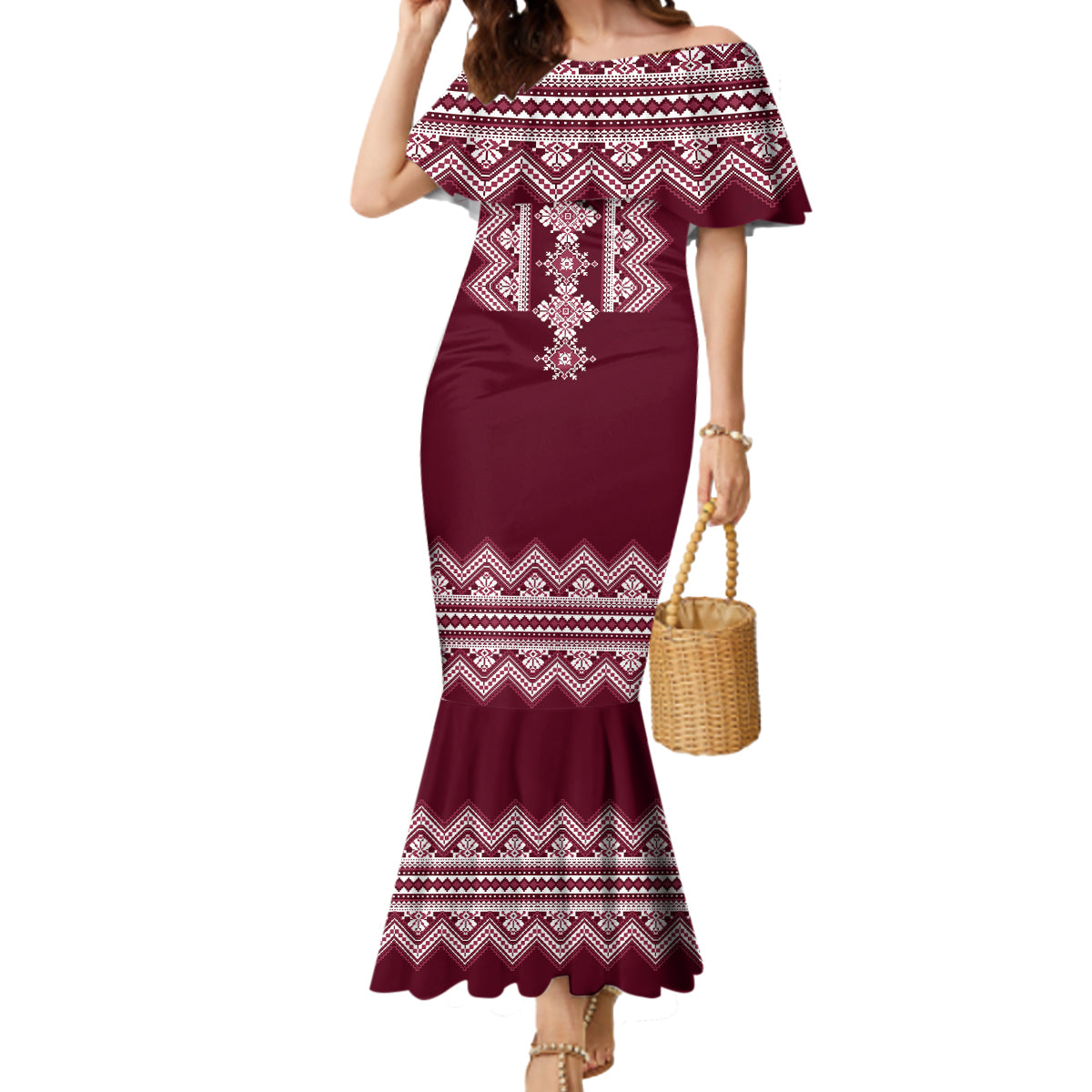 Ukraine Folk Pattern Mermaid Dress Ukrainian Wine Red Version - Wonder Print Shop