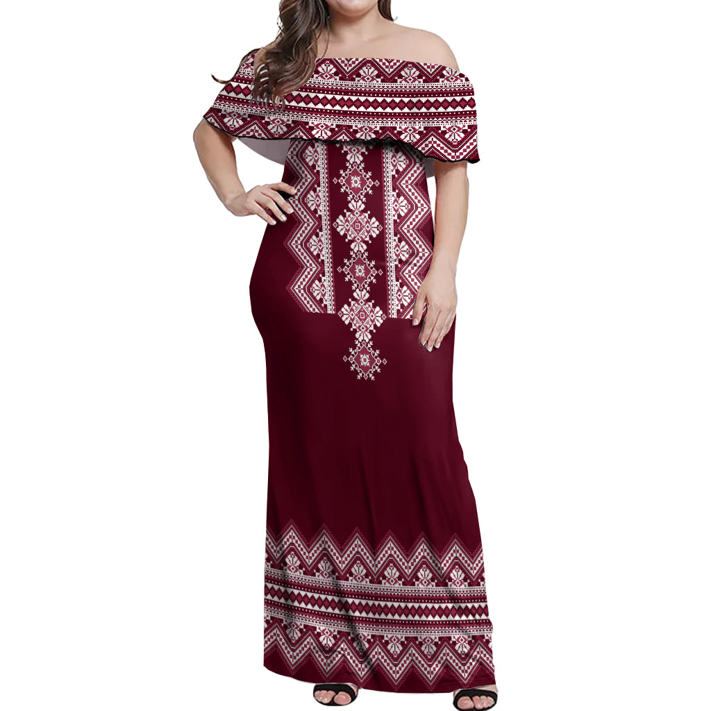 Ukraine Folk Pattern Off Shoulder Maxi Dress Ukrainian Wine Red Version - Wonder Print Shop