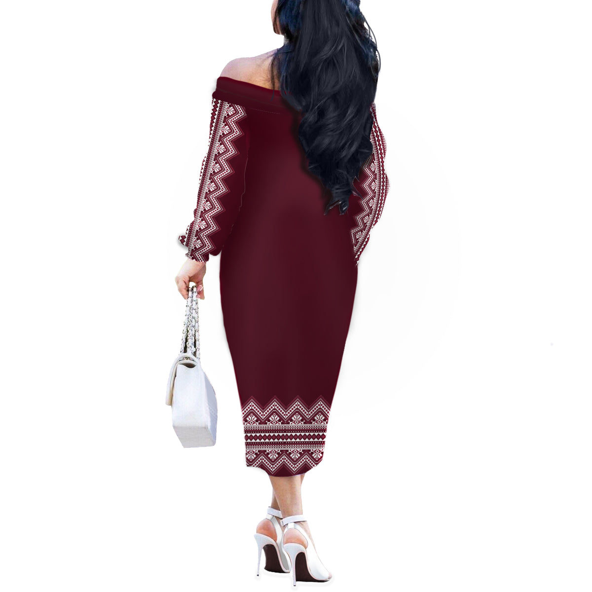 Ukraine Folk Pattern Off The Shoulder Long Sleeve Dress Ukrainian Wine Red Version - Wonder Print Shop