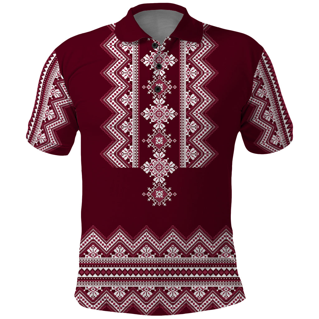 Ukraine Folk Pattern Polo Shirt Ukrainian Wine Red Version - Wonder Print Shop