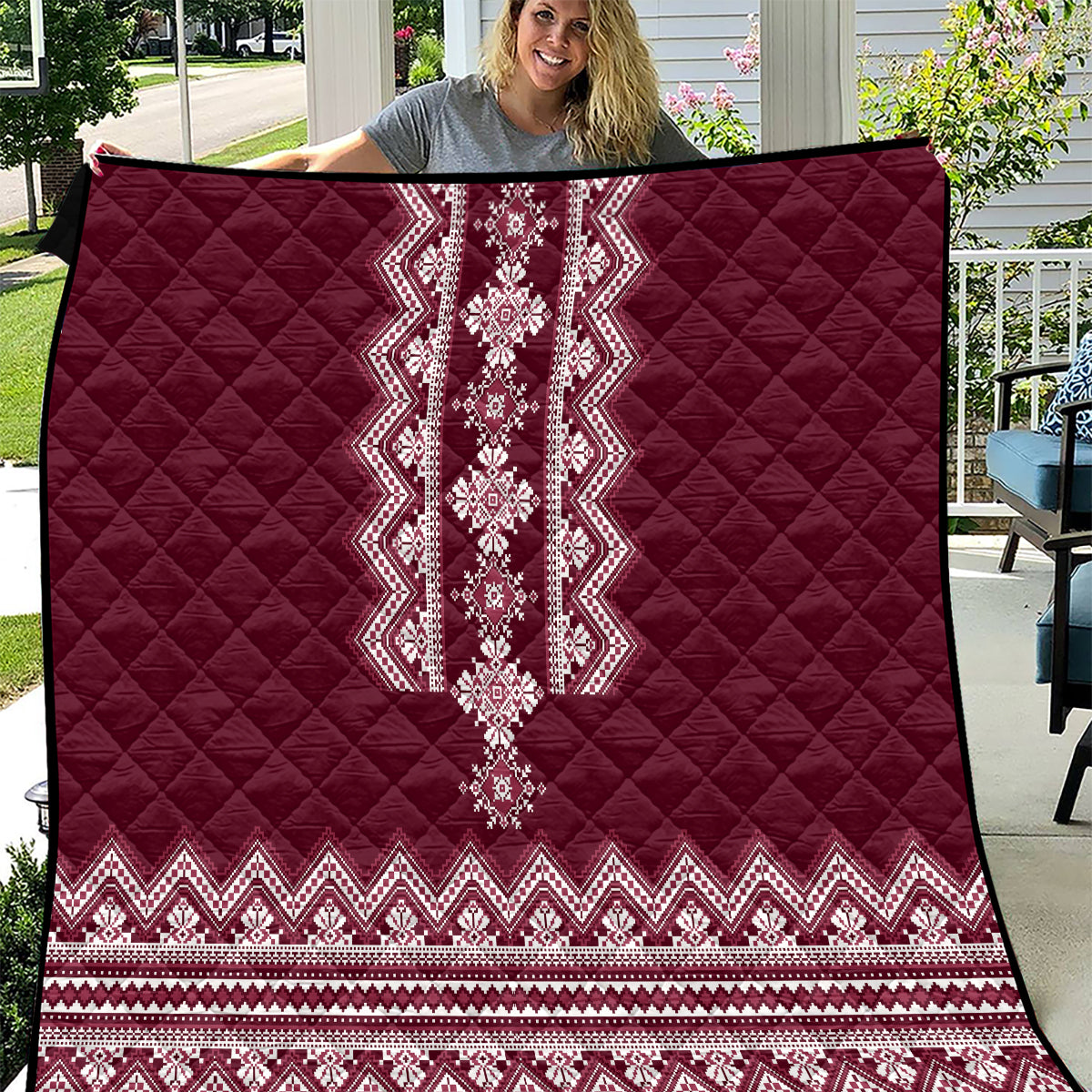 Ukraine Folk Pattern Quilt Ukrainian Wine Red Version - Wonder Print Shop