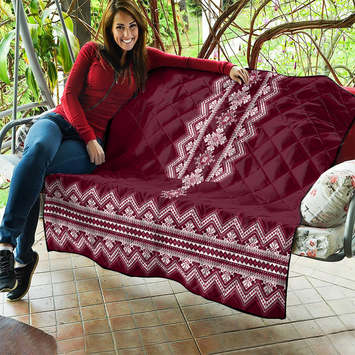 Ukraine Folk Pattern Quilt Ukrainian Wine Red Version - Wonder Print Shop