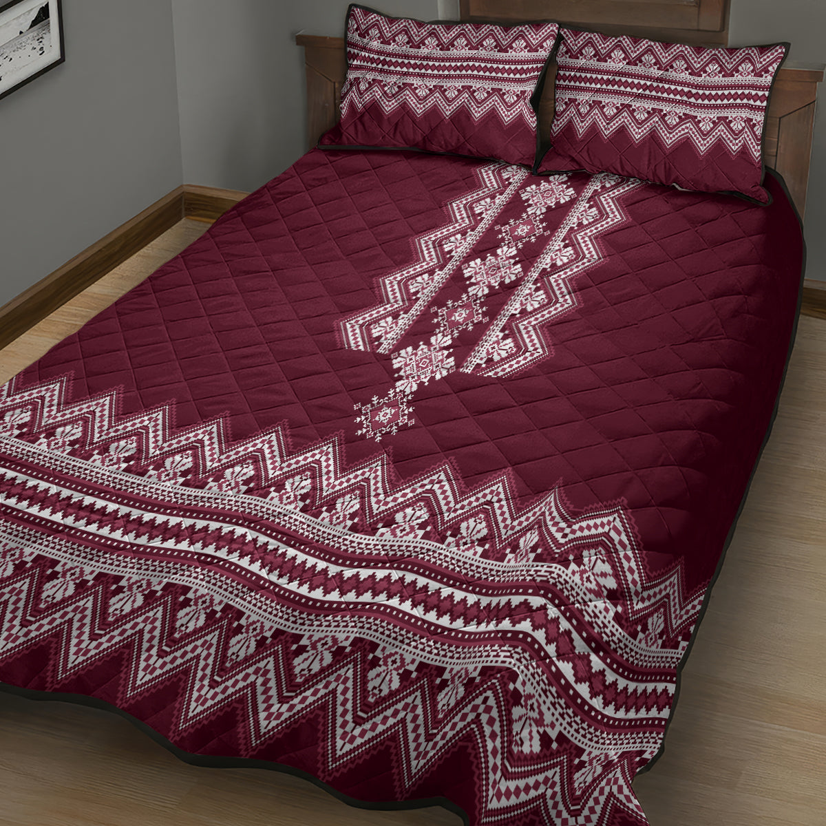 Ukraine Folk Pattern Quilt Bed Set Ukrainian Wine Red Version - Wonder Print Shop