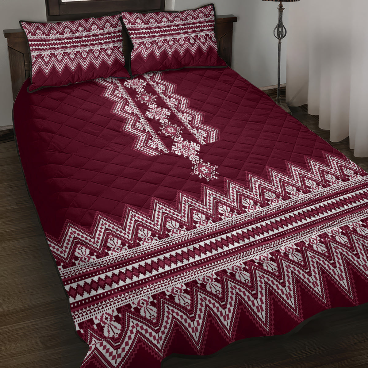 Ukraine Folk Pattern Quilt Bed Set Ukrainian Wine Red Version - Wonder Print Shop