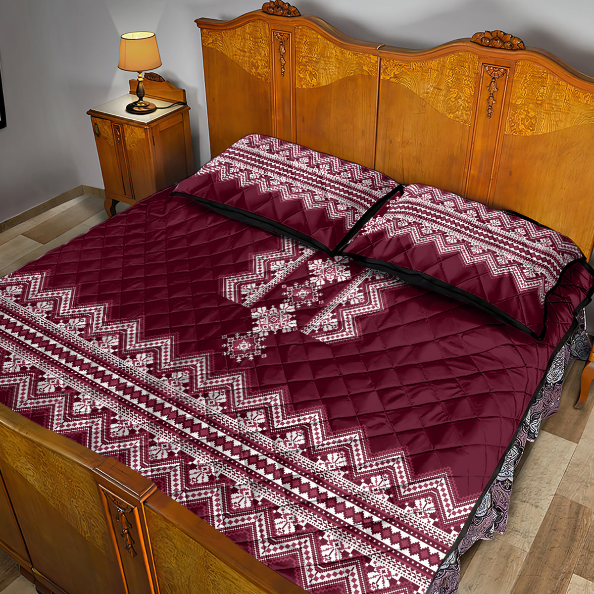 Ukraine Folk Pattern Quilt Bed Set Ukrainian Wine Red Version - Wonder Print Shop