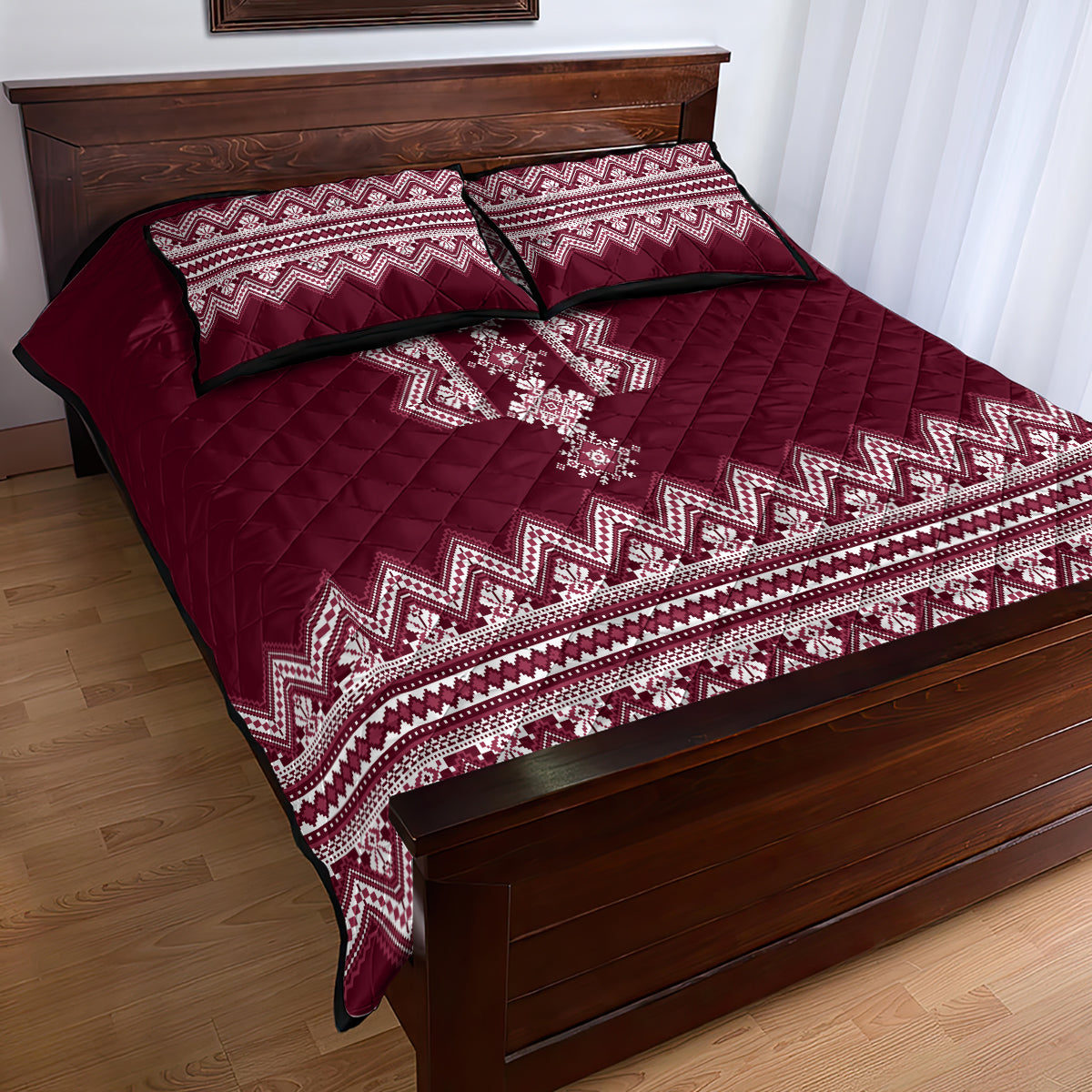 Ukraine Folk Pattern Quilt Bed Set Ukrainian Wine Red Version - Wonder Print Shop