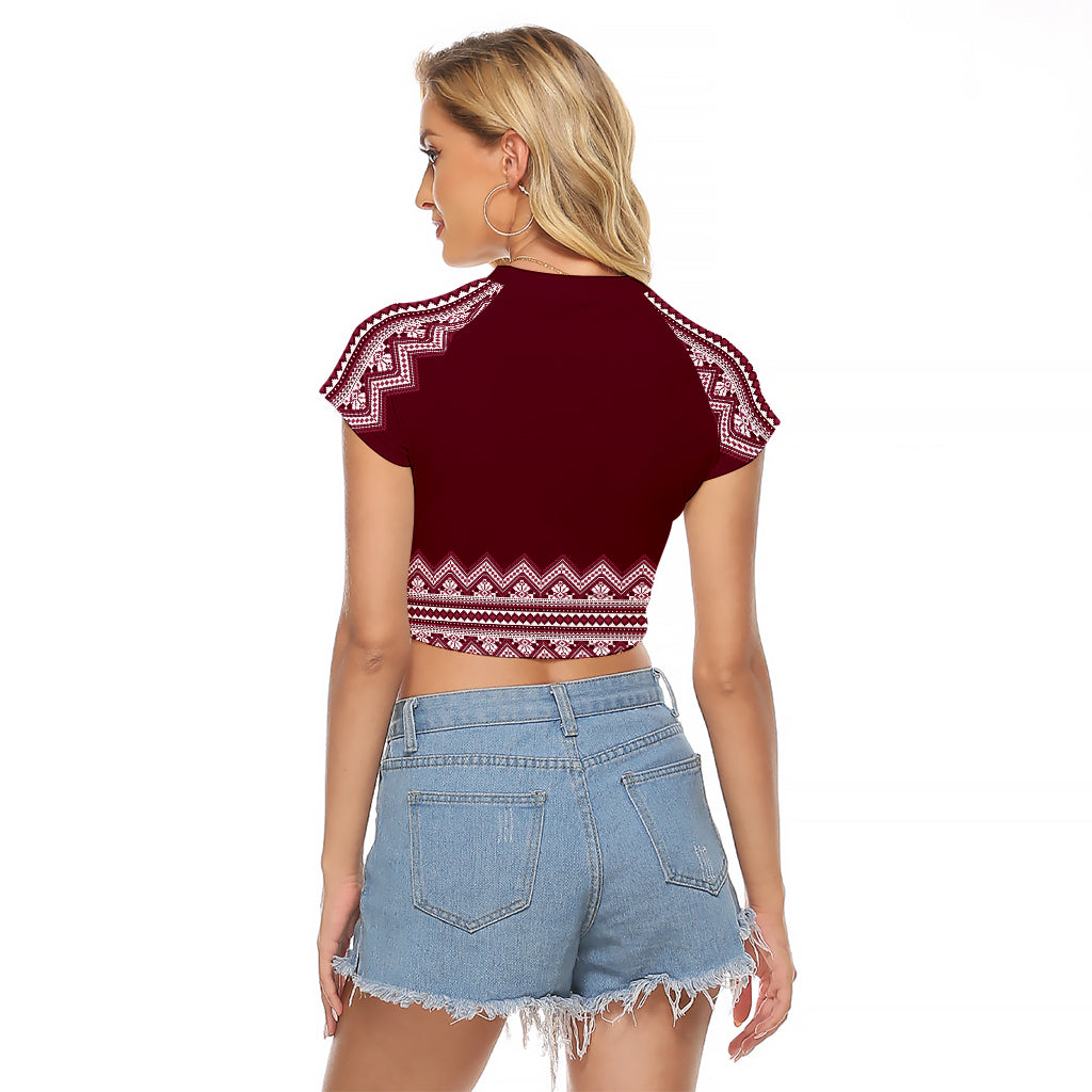 Ukraine Folk Pattern Raglan Cropped T Shirt Ukrainian Wine Red Version - Wonder Print Shop