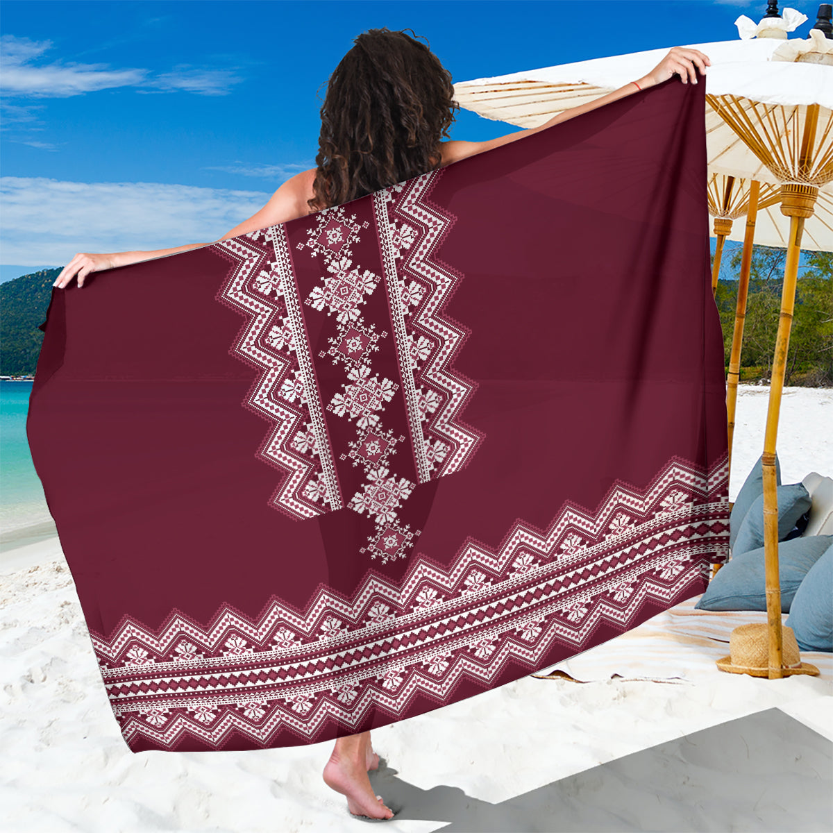 Ukraine Folk Pattern Sarong Ukrainian Wine Red Version - Wonder Print Shop