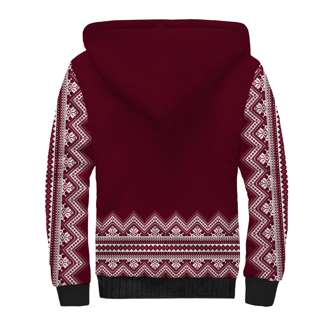 Ukraine Folk Pattern Sherpa Hoodie Ukrainian Wine Red Version - Wonder Print Shop