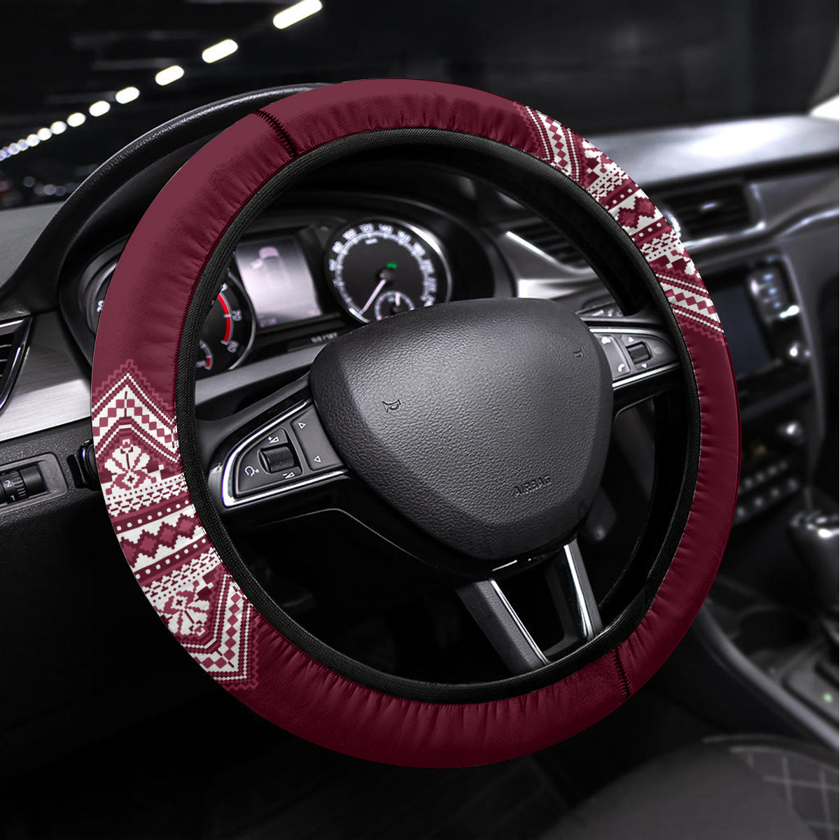 Ukraine Folk Pattern Steering Wheel Cover Ukrainian Wine Red Version - Wonder Print Shop