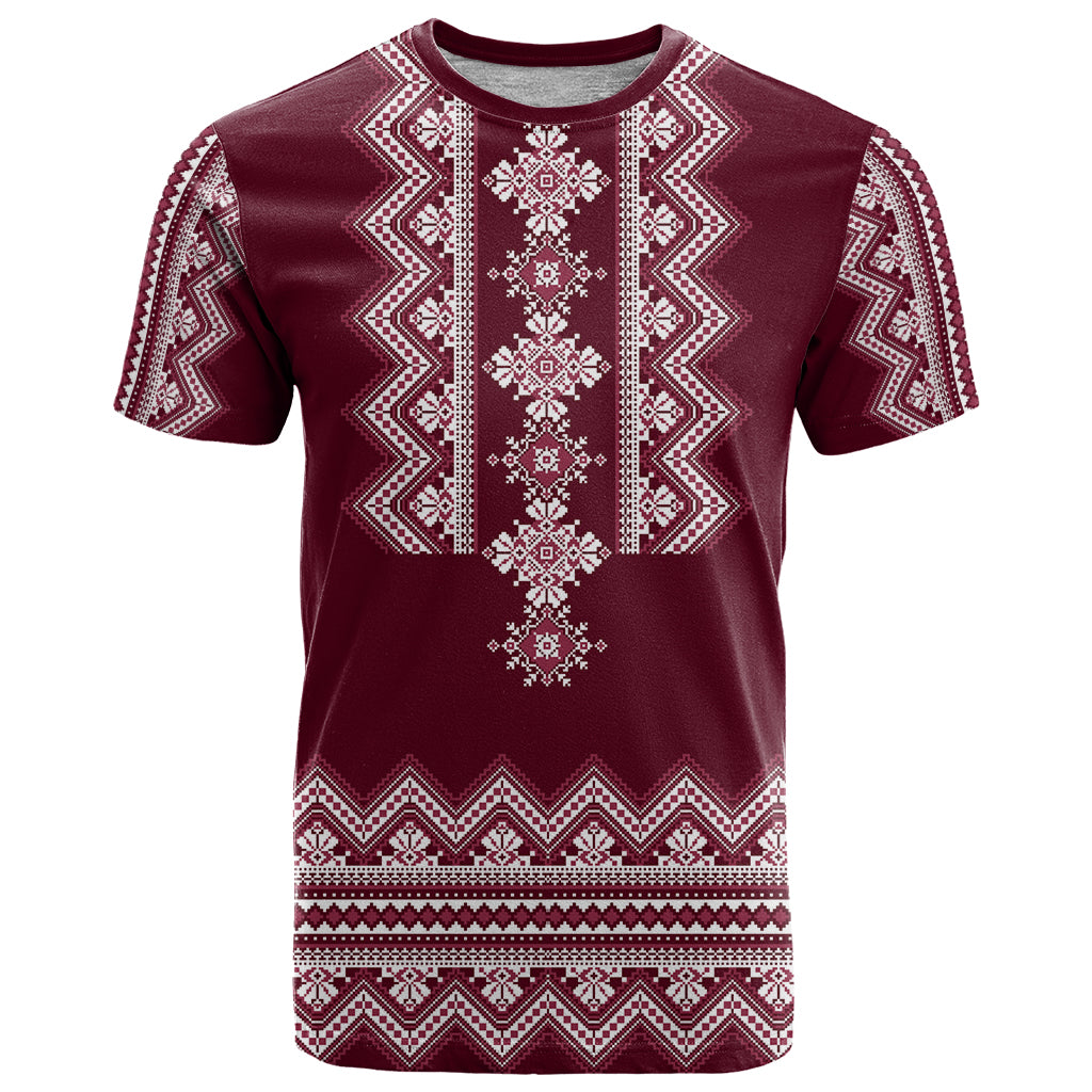 Ukraine Folk Pattern T Shirt Ukrainian Wine Red Version - Wonder Print Shop