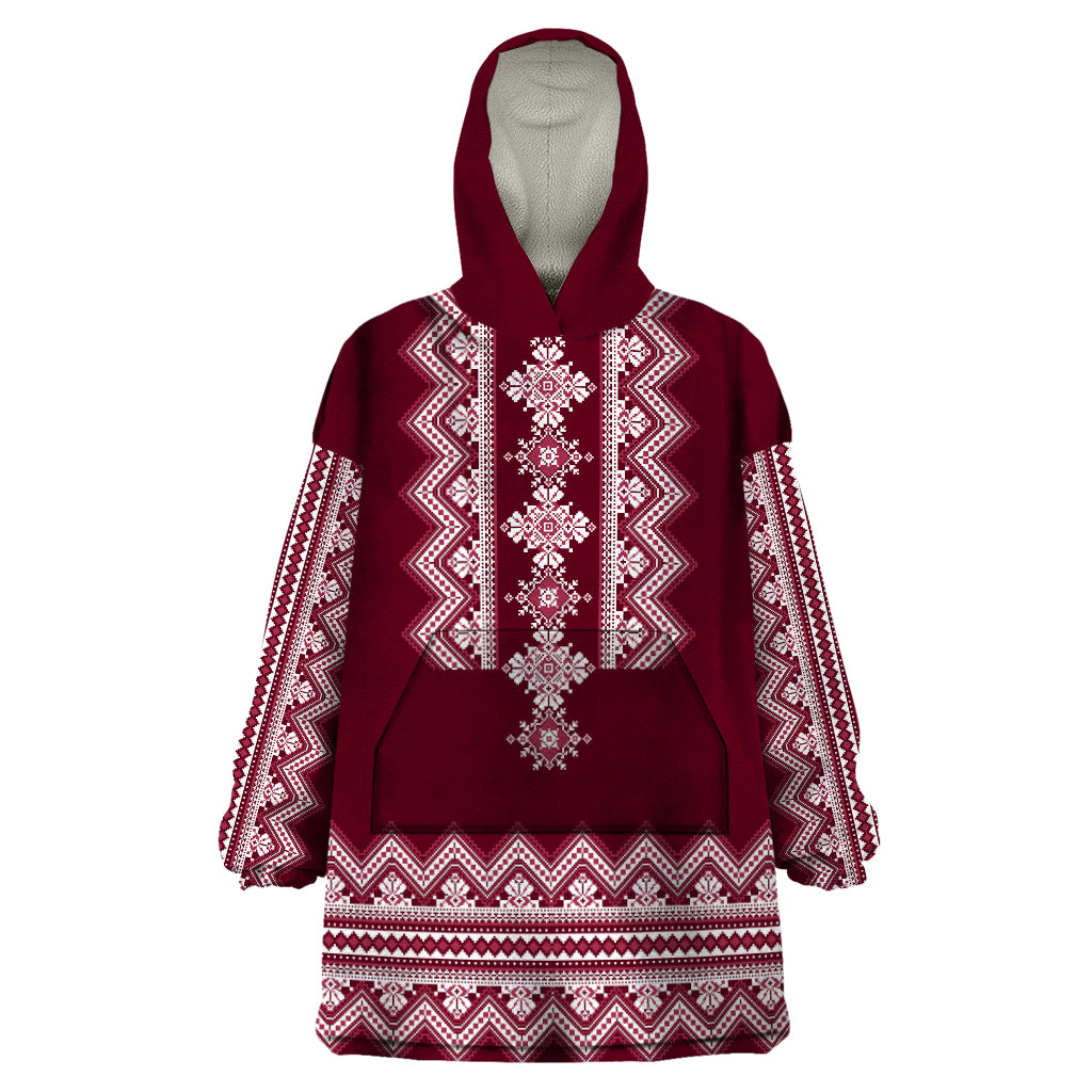 Ukraine Folk Pattern Wearable Blanket Hoodie Ukrainian Wine Red Version - Wonder Print Shop