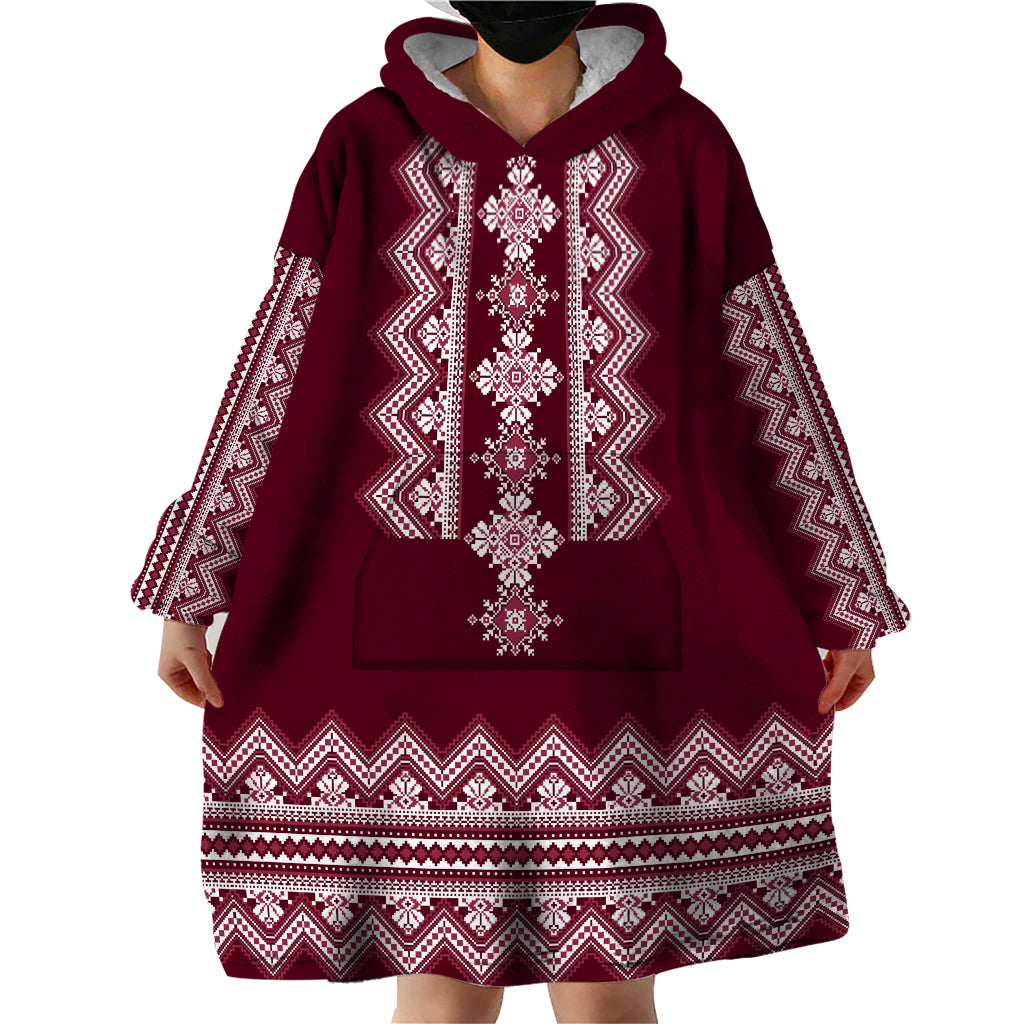 Ukraine Folk Pattern Wearable Blanket Hoodie Ukrainian Wine Red Version - Wonder Print Shop