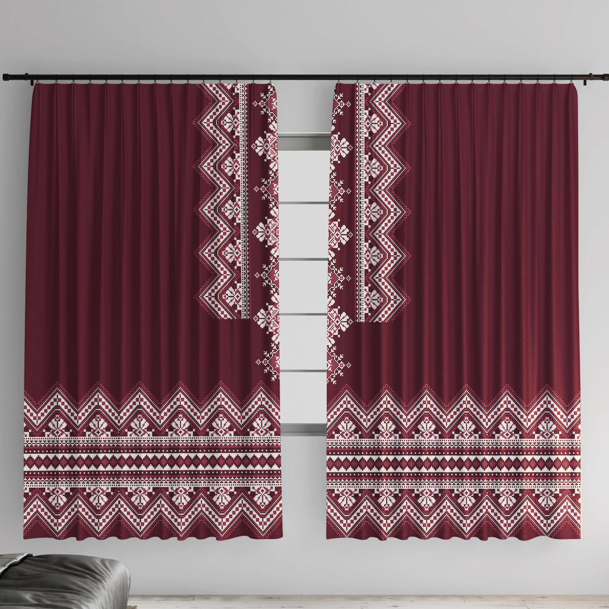 Ukraine Folk Pattern Window Curtain Ukrainian Wine Red Version - Wonder Print Shop